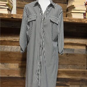 Mlle Gabriel Black & White Vertical Stripe Midi Shirt Dress